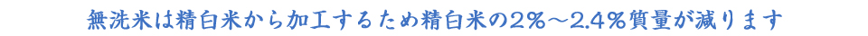 無洗米は精白米から加工するため精白米の2％～2.4％質量が減ります。